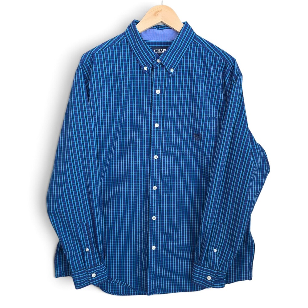 Chaps Shirt Mens XL Blue Plaid Button Down Stretch Easy Care Long Sleeve Cotton